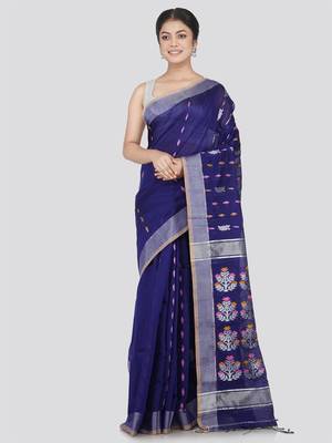 PinkLoom Women's Navy Blue Hand_Woven Cotton_Silk Saree With Blouse 1