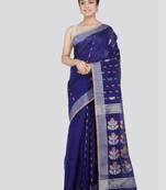 PinkLoom Women's Navy Blue Hand_Woven Cotton_Silk Saree With Blouse
