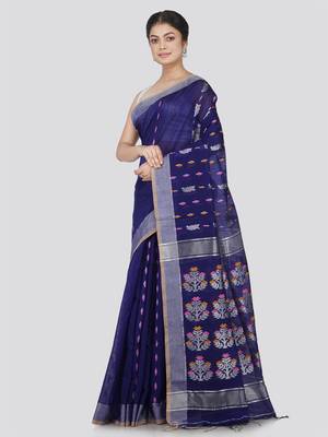 PinkLoom Women's Navy Blue Hand_Woven Cotton_Silk Saree With Blouse 2