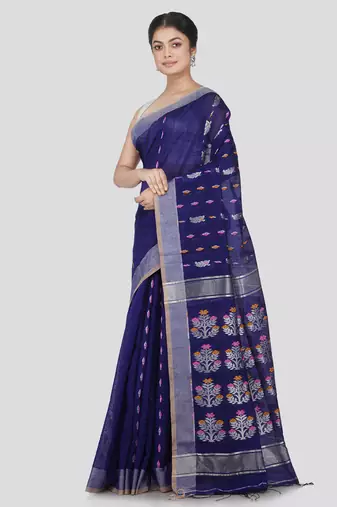 PinkLoom Women's Navy Blue Hand_Woven Cotton_Silk Saree With Blouse