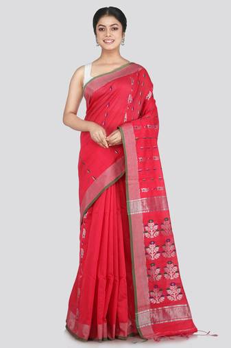 PinkLoom Women's Pink Hand_Woven Cotton_Silk Saree With Blouse