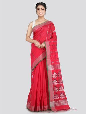 PinkLoom Women's Pink Hand_Woven Cotton_Silk Saree With Blouse 1