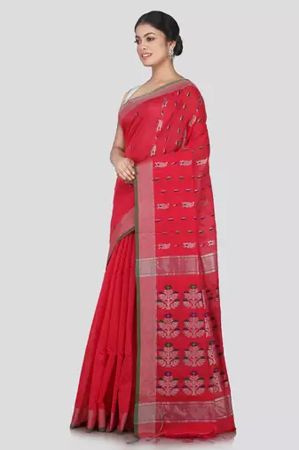 PinkLoom Women's Pink Hand_Woven Cotton_Silk Saree With Blouse