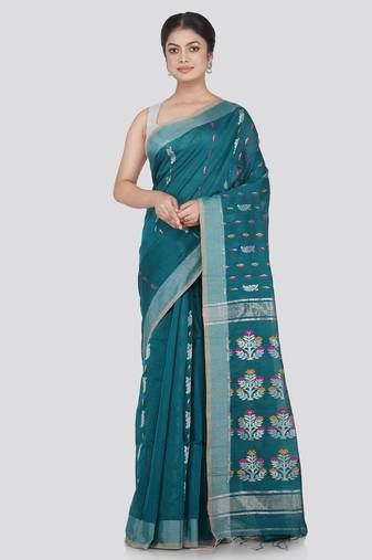 PinkLoom Women's Green Hand_Woven Cotton_Silk Saree With Blouse