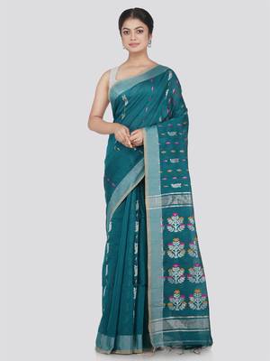 PinkLoom Women's Green Hand_Woven Cotton_Silk Saree With Blouse 1