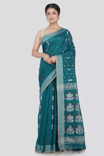 PinkLoom Women's Green Hand_Woven Cotton_Silk Saree With Blouse