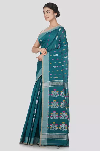 PinkLoom Women's Green Hand_Woven Cotton_Silk Saree With Blouse