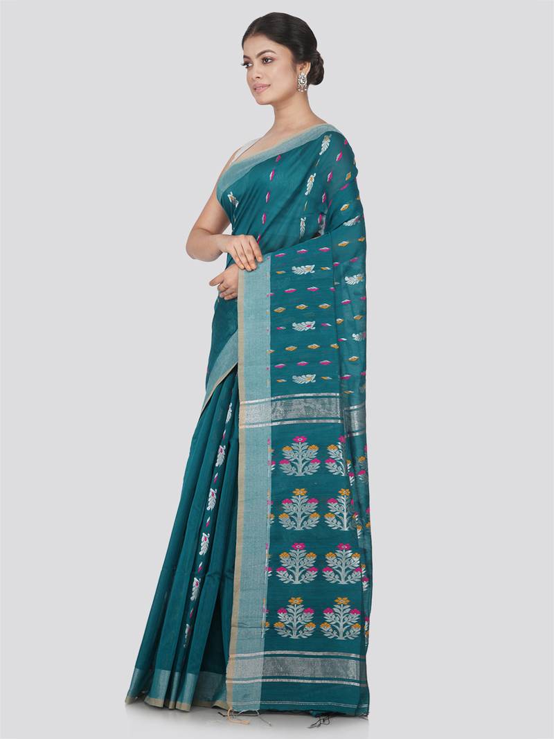 PinkLoom Women's Green Hand_Woven Cotton_Silk Saree With Blouse