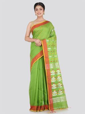 PinkLoom Women's Green Hand_Woven Cotton_Silk Saree With Blouse 2