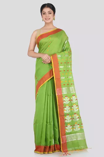 PinkLoom Women's Green Hand_Woven Cotton_Silk Saree With Blouse