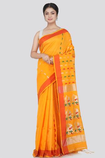 PinkLoom Women's Yellow Hand_Woven Cotton_Silk Saree With Blouse