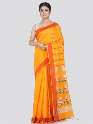 PinkLoom Women's Yellow Hand_Woven Cotton_Silk Saree With Blouse 1