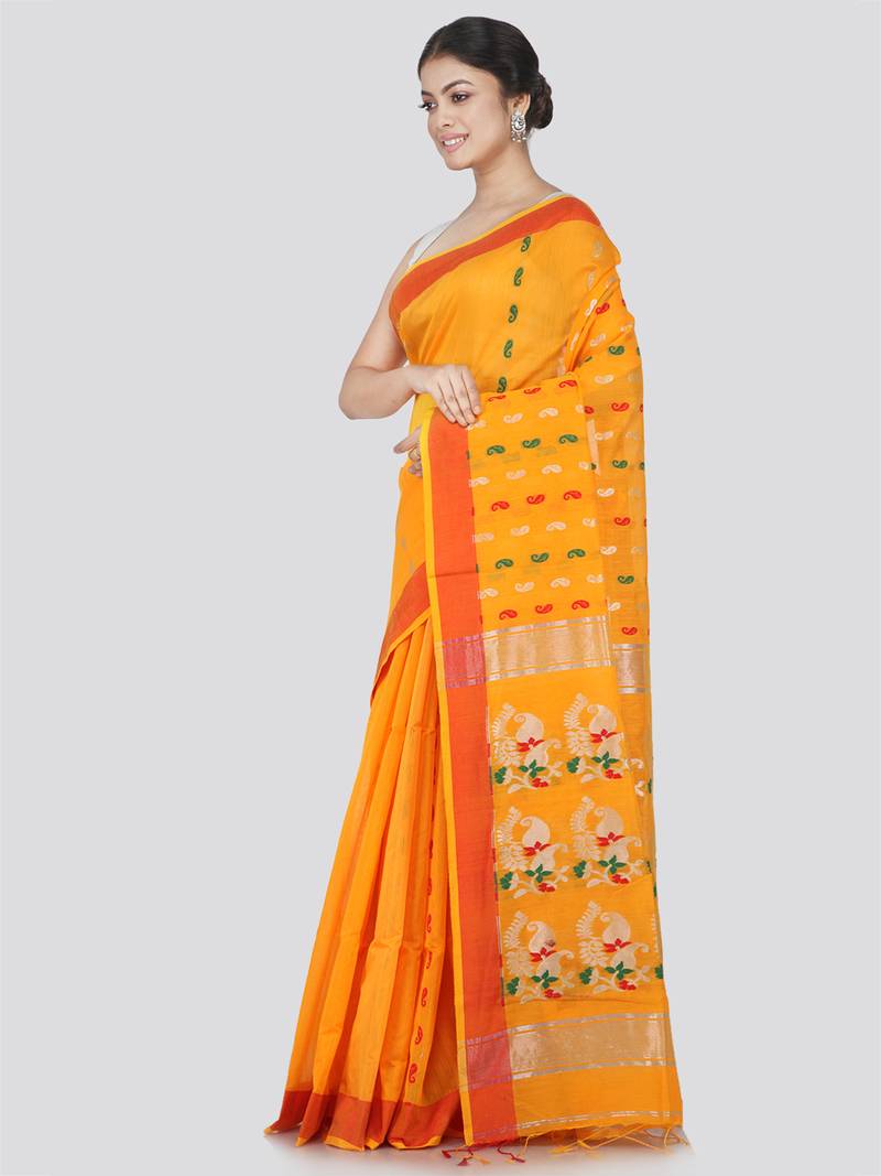 PinkLoom Women's Yellow Hand_Woven Cotton_Silk Saree With Blouse