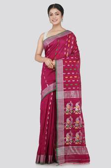 PinkLoom Women's Maroon Hand_Woven Cotton_Silk Saree With Blouse