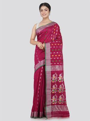PinkLoom Women's Maroon Hand_Woven Cotton_Silk Saree With Blouse 1