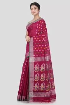PinkLoom Women's Maroon Hand_Woven Cotton_Silk Saree With Blouse