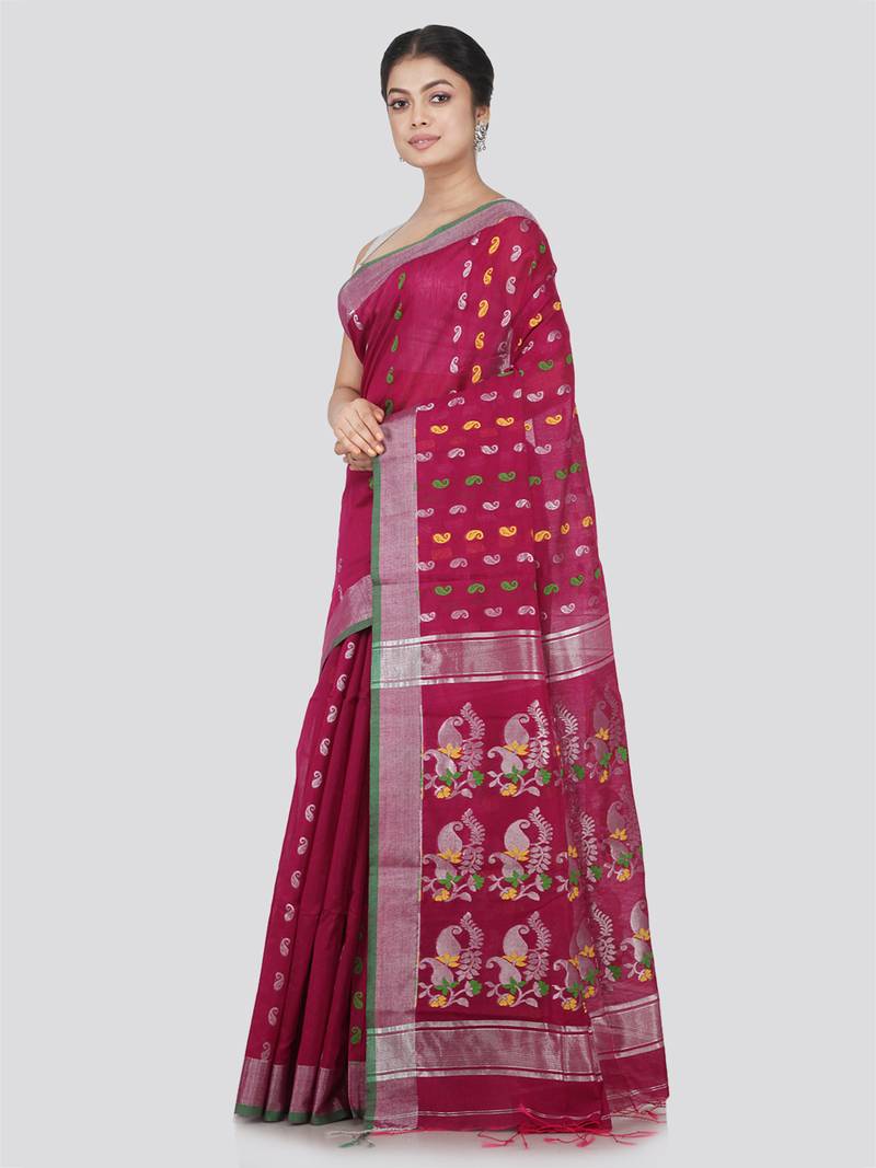PinkLoom Women's Maroon Hand_Woven Cotton_Silk Saree With Blouse
