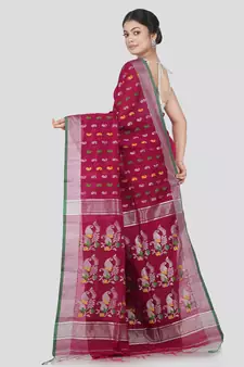 PinkLoom Women's Maroon Hand_Woven Cotton_Silk Saree With Blouse