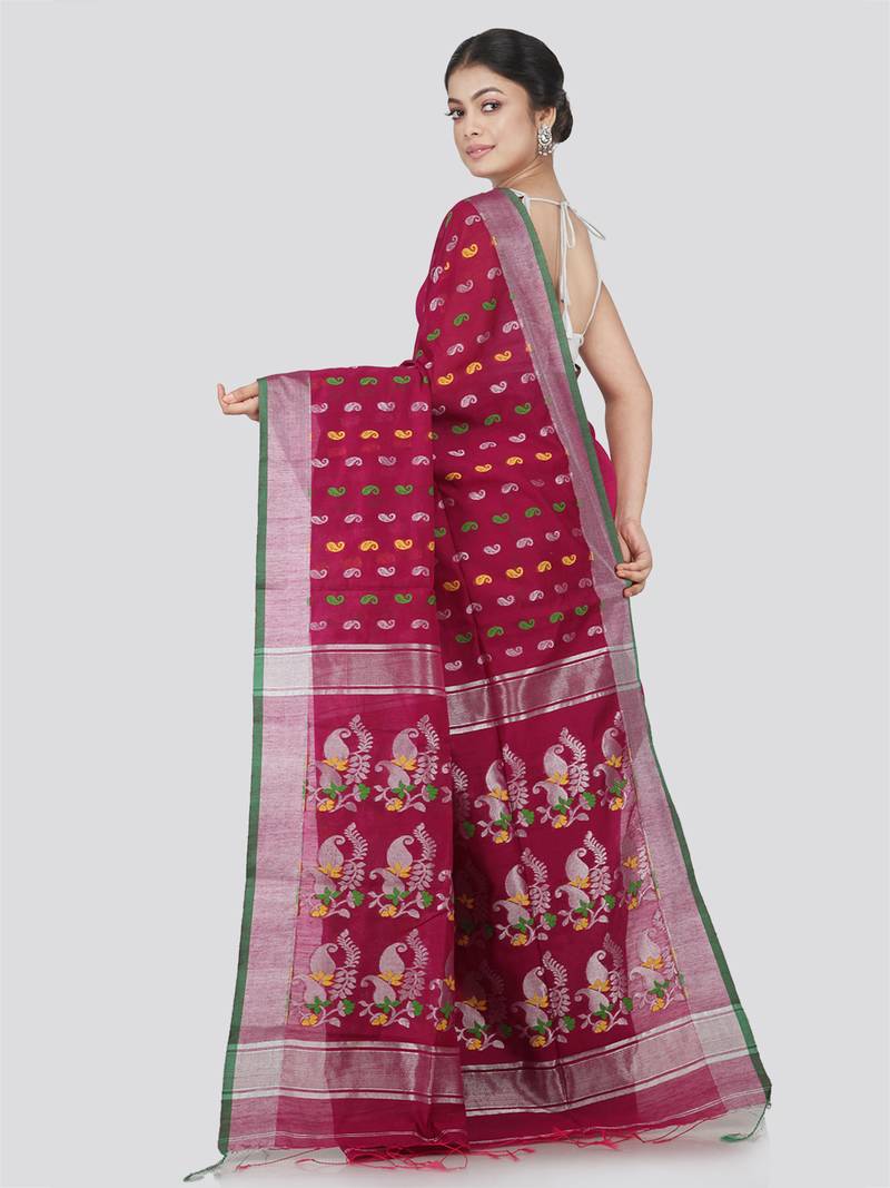 PinkLoom Women's Maroon Hand_Woven Cotton_Silk Saree With Blouse