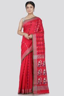 PinkLoom Women's Pink Hand_Woven Cotton_Silk Saree With Blouse