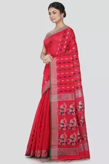 PinkLoom Women's Pink Hand_Woven Cotton_Silk Saree With Blouse