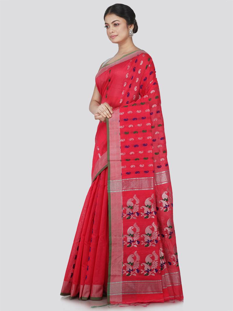 PinkLoom Women's Pink Hand_Woven Cotton_Silk Saree With Blouse