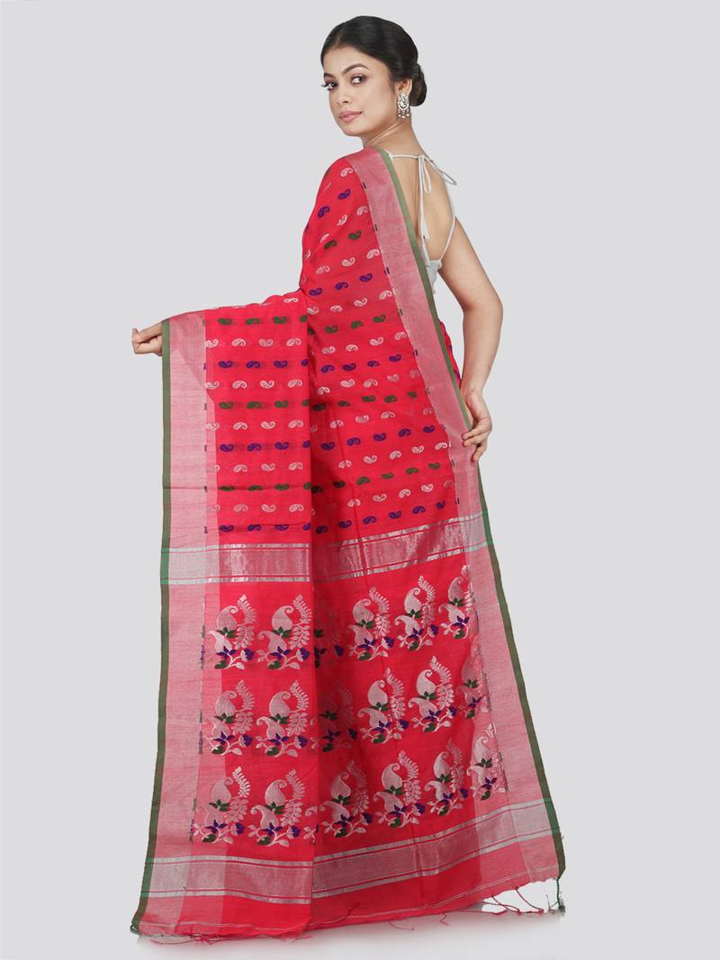 PinkLoom Women's Pink Hand_Woven Cotton_Silk Saree With Blouse