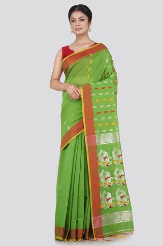 PinkLoom Women's Green Hand_Woven Cotton_Silk Saree With Blouse
