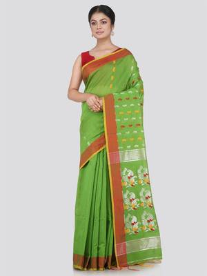 PinkLoom Women's Green Hand_Woven Cotton_Silk Saree With Blouse 1