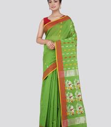 PinkLoom Women's Green Hand_Woven Cotton_Silk Saree With Blouse
