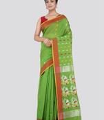 PinkLoom Women's Green Hand_Woven Cotton_Silk Saree With Blouse