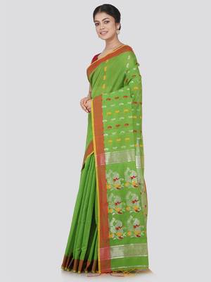 PinkLoom Women's Green Hand_Woven Cotton_Silk Saree With Blouse 2