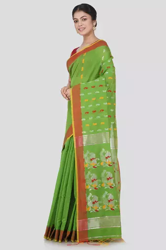 PinkLoom Women's Green Hand_Woven Cotton_Silk Saree With Blouse