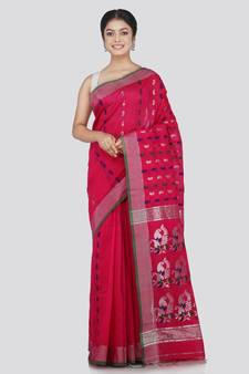 PinkLoom Women's Pink Hand_Woven Cotton_Silk Saree With Blouse
