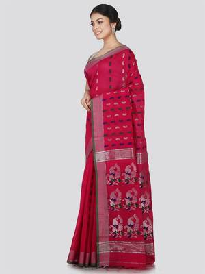 PinkLoom Women's Pink Hand_Woven Cotton_Silk Saree With Blouse 2
