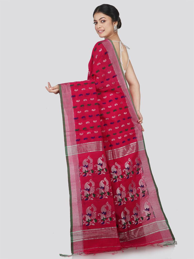PinkLoom Women's Pink Hand_Woven Cotton_Silk Saree With Blouse