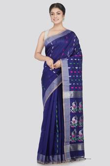 PinkLoom Women's Blue Hand_Woven Cotton_Silk Saree With Blouse