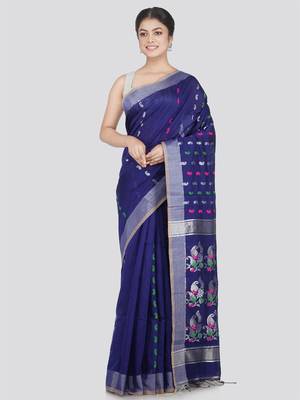 PinkLoom Women's Blue Hand_Woven Cotton_Silk Saree With Blouse 1
