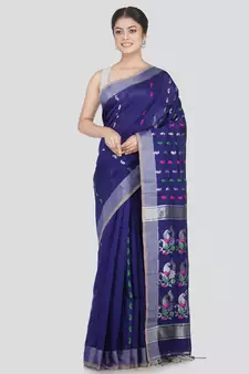 PinkLoom Women's Blue Hand_Woven Cotton_Silk Saree With Blouse