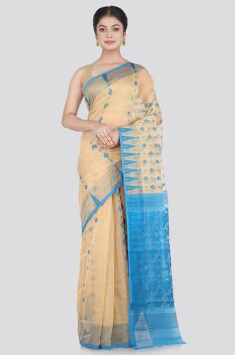 Pinkloom Women'S Beige Hand_Woven Cotton Jamdani Saree Without Blouse