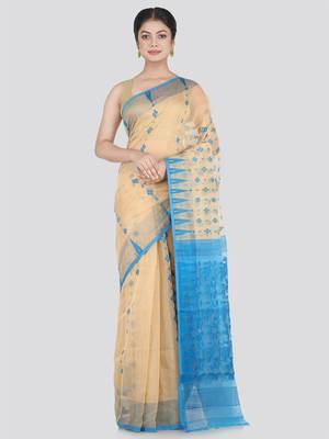 Pinkloom Women'S Beige Hand_Woven Cotton Jamdani Saree Without Blouse 1