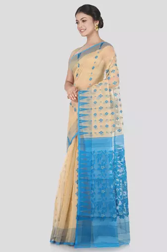 Pinkloom Women'S Beige Hand_Woven Cotton Jamdani Saree Without Blouse