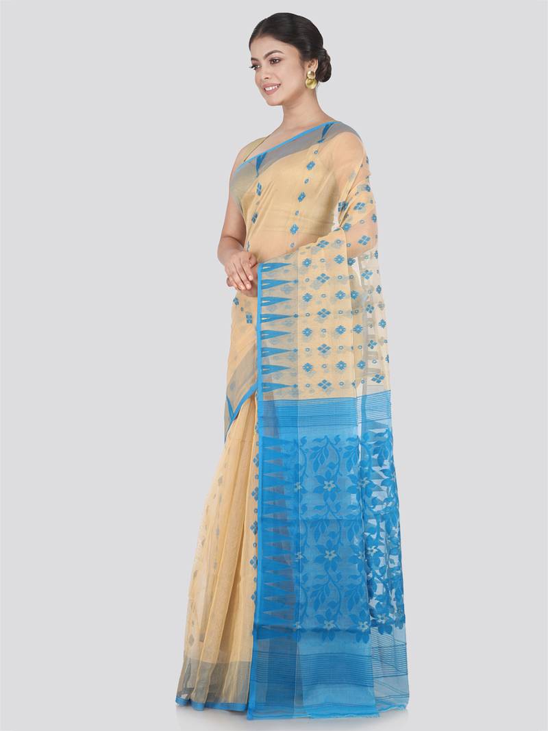 Pinkloom Women'S Beige Hand_Woven Cotton Jamdani Saree Without Blouse