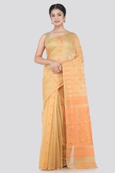 Pinkloom Women'S Beige Hand_Woven Cotton Jamdani Saree Without Blouse