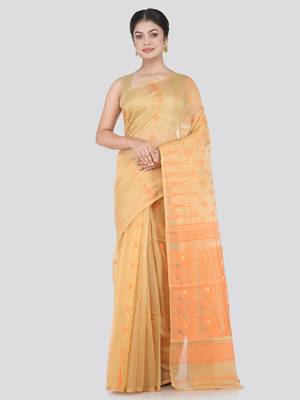 Pinkloom Women'S Beige Hand_Woven Cotton Jamdani Saree Without Blouse 1