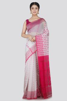 Pinkloom Women'S White Hand_Woven Cotton Jamdani Saree Without Blouse