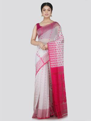 Pinkloom Women'S White Hand_Woven Cotton Jamdani Saree Without Blouse 1
