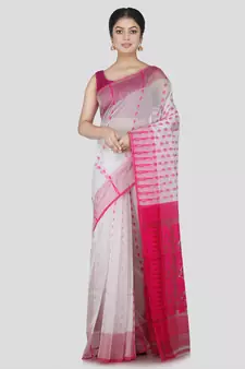 Pinkloom Women'S White Hand_Woven Cotton Jamdani Saree Without Blouse