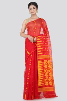 Pinkloom Women'S Red Hand_Woven Cotton Jamdani Saree Without Blouse