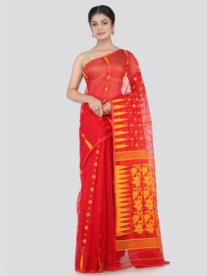 Pinkloom Women'S Red Hand_Woven Cotton Jamdani Saree Without Blouse 1